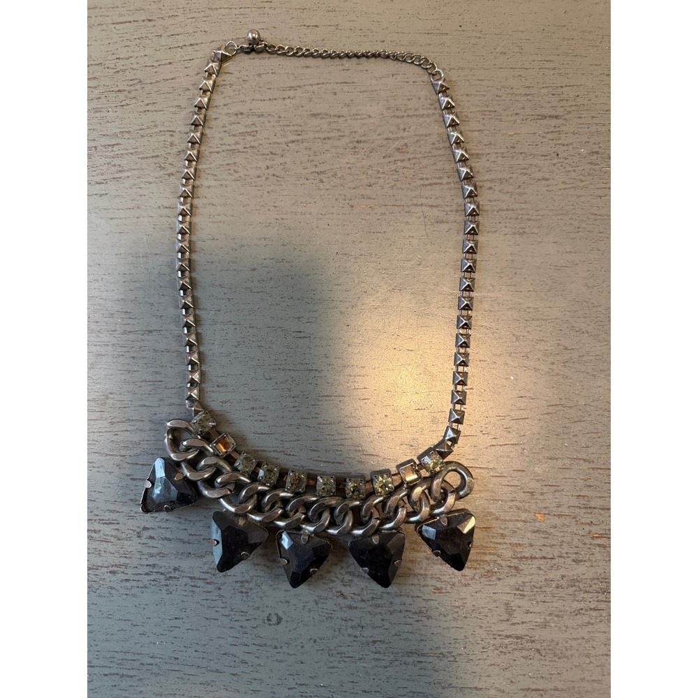 Gunmetal Pyramid Stud Black Triangle Stone Statement Necklace Edgy Goth Bib
